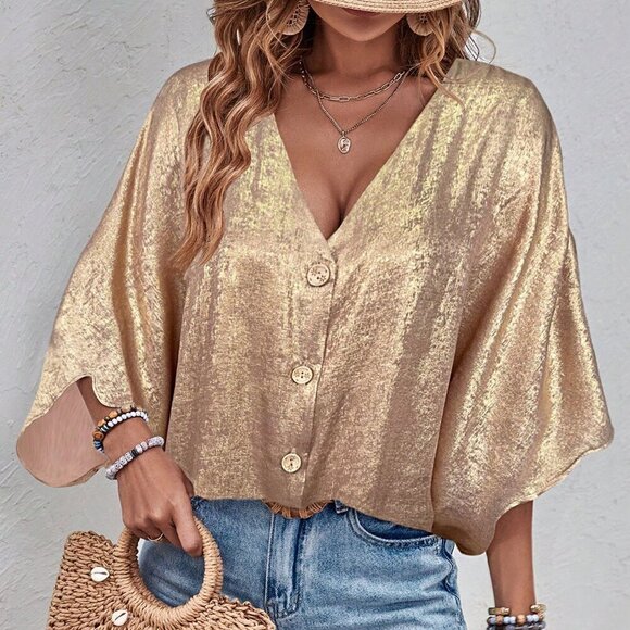 Champagne Casual Women's Loose Fit Drop Shoulder Shirt - Picture 3 of 7